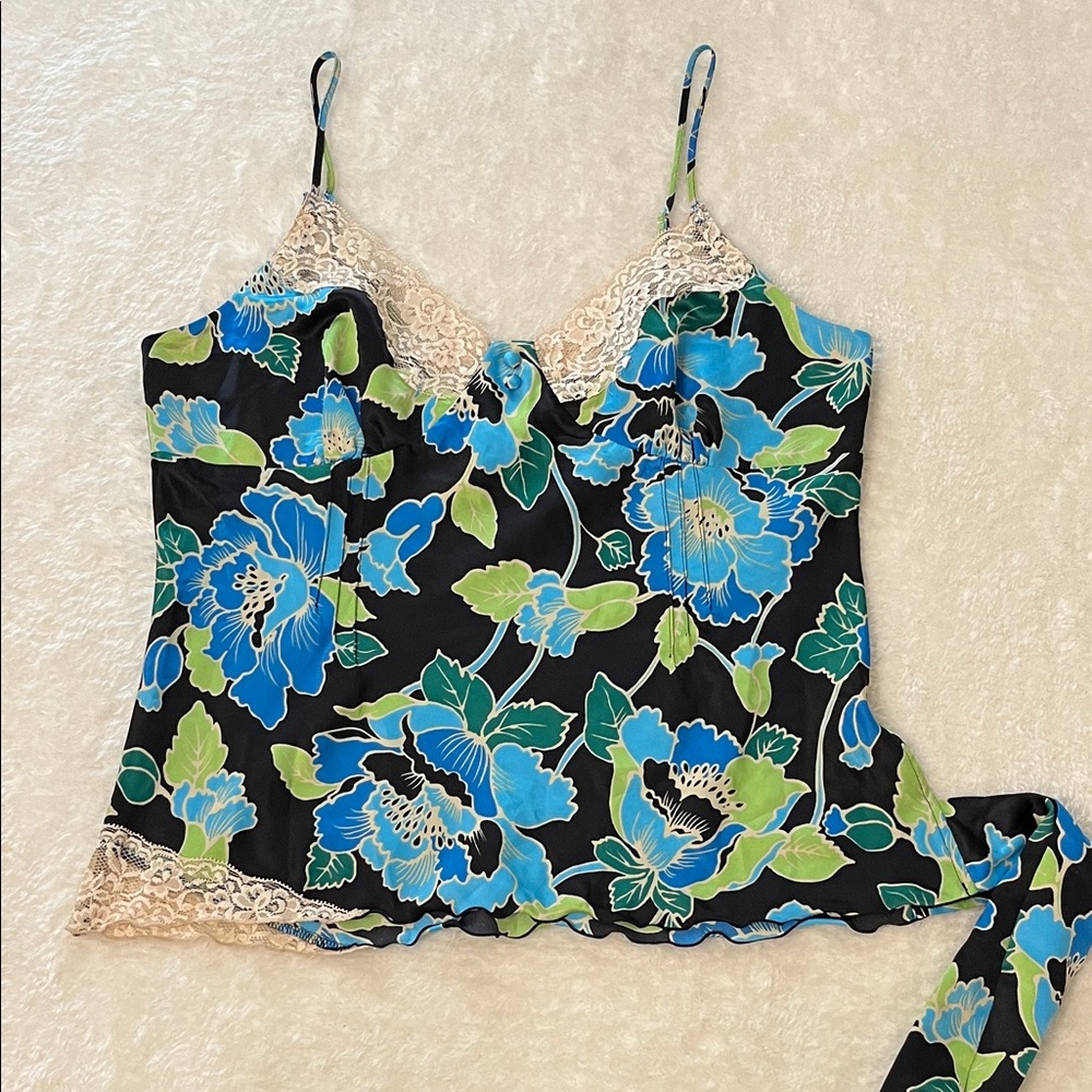Y2K Satin Floral Lace Trim Camisole Top